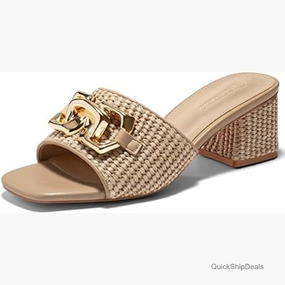 Raffia Slide Sandals with Chunky Block Heel and Metal Chain Slip On Mules